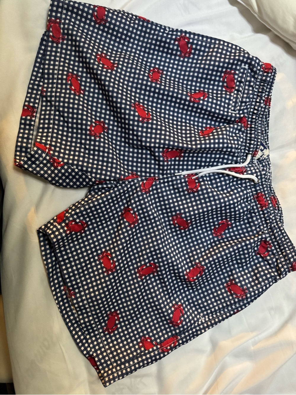 Men's Navy Check Swim Trunks with Red Lobster Print